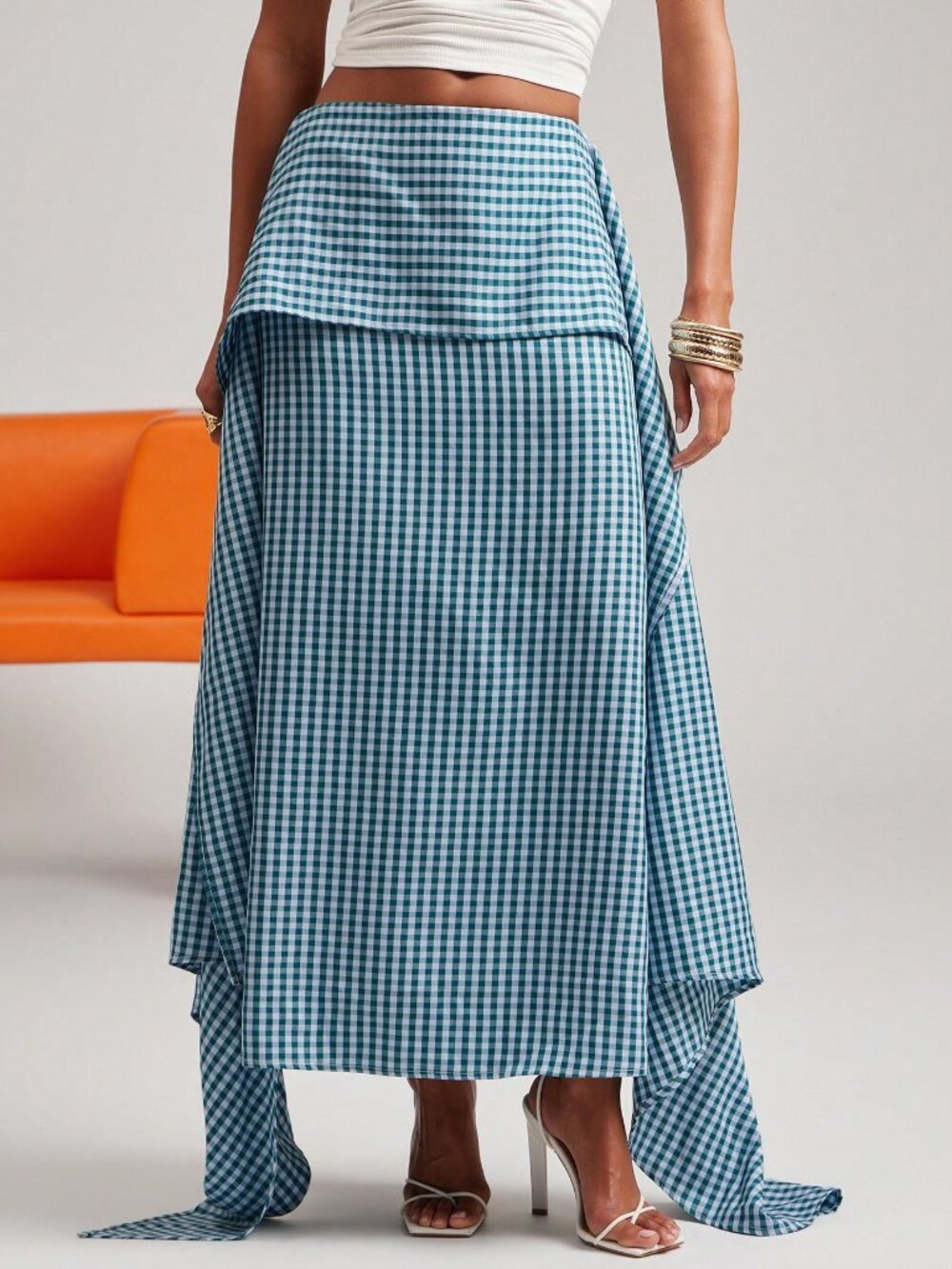 Multicolor Casual Women's Gingham Plaid Tiered Flare A-Line Midi Skirt - Picture 3 of 6
